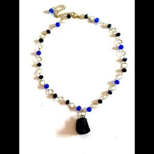 Elegant Blue and Black Beaded Necklace with Natural Stone Pendant